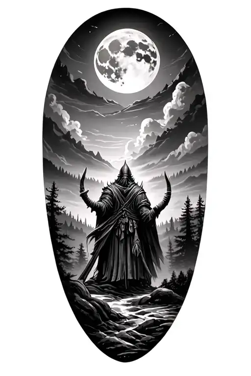 A Dark Viking-like Forrest With A Full Silver Moon On The Sky For Half Sleeve