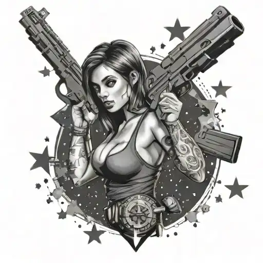 Sexy Girl With Gun Surrounded By Stars