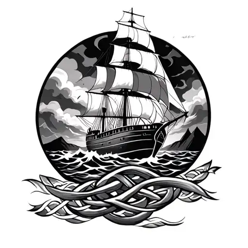 Celtic Knotwork Design For Stormy Sea With Ship And Land