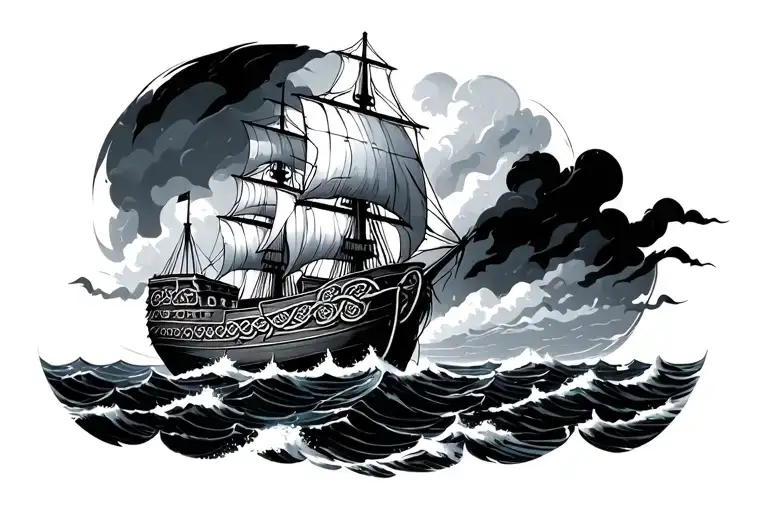 Celtic Knotwork Design For Stormy Sea With Ship And Land