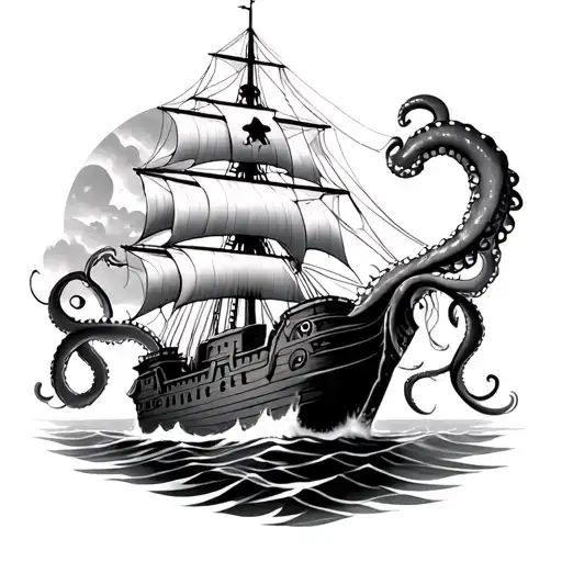 Pirate Ship Sailing Battling With A Giant Octopua