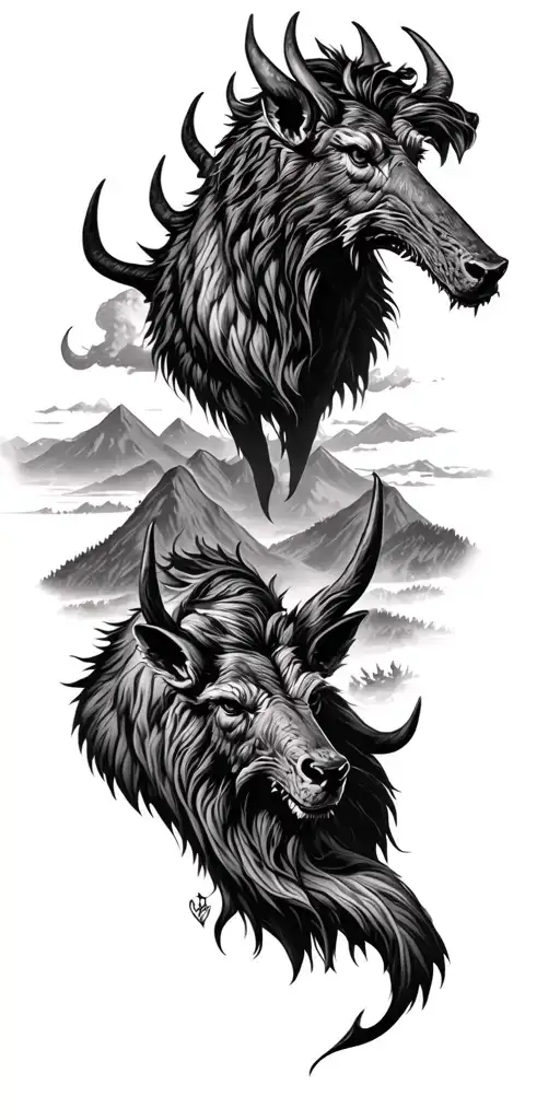Rural Country Landscape With Smoky Mountains Background With Demonic Animals Throughout