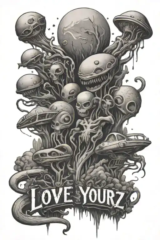 Landscape Tattoo Featuring Aliens And Including The Words Love Yourz In Cursive