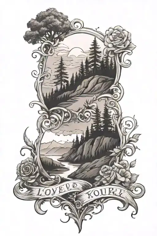 Landscape Tattoo Including The Words Love Yourz In Cursive