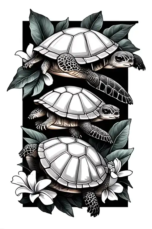 Mama Turtle And Baby Turtle With Plumeria Flowers