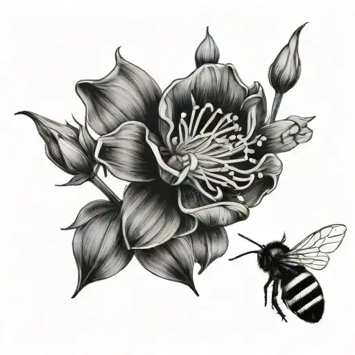Black And White Fineline Wildflower Floral With Bumblebee Scarlet Pimpernel