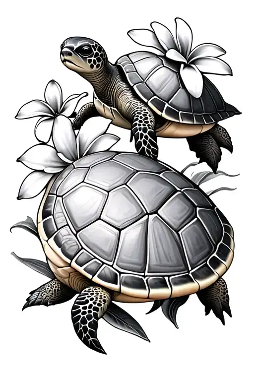 Mama Turtle And Baby Turtle With Plumeria Flowers
