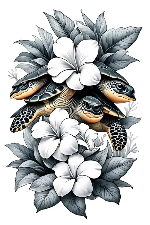 Mama Turtle And Baby Turtle With Plumeria Flowers