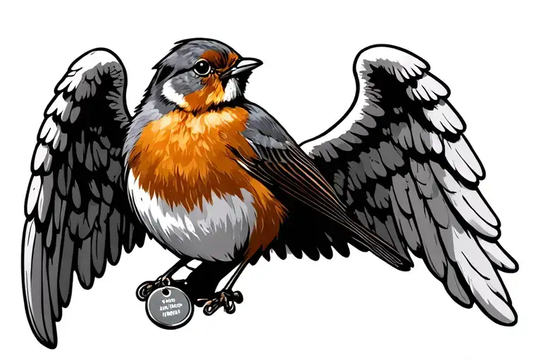 Robin Bird Sitting On Angel Wing Wearing National Guard Dog Tag
