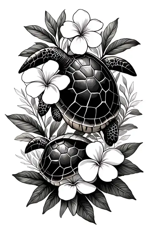 Mama Turtle And Baby Turtle With Plumeria Flowers