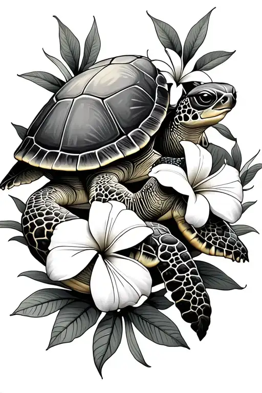 Mama Turtle And Baby Turtle With Plumeria Flowers