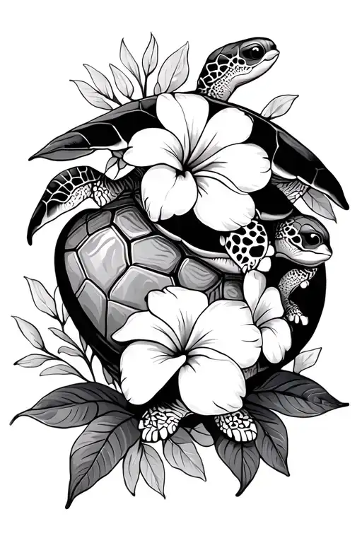 Mama Turtle And Baby Turtle With Plumeria Flowers