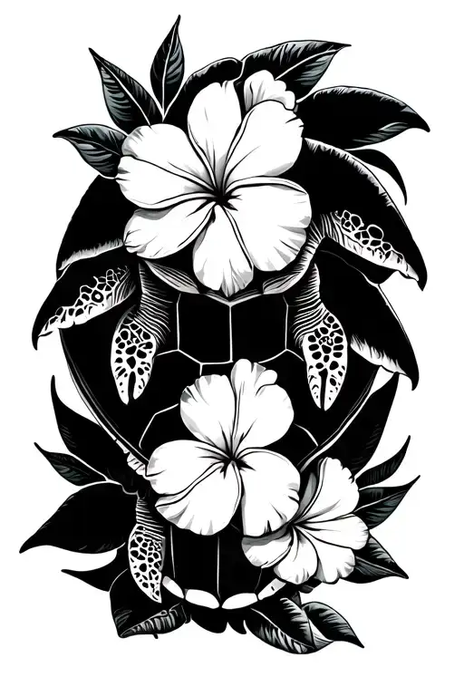 Mama Turtle And Baby Turtle With Plumeria Flowers
