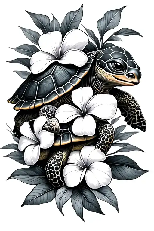 Mama Turtle And Baby Turtle With Plumeria Flowers