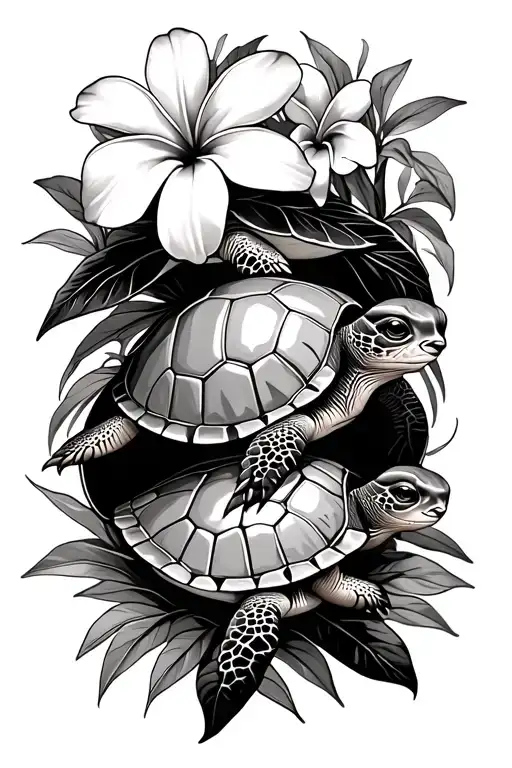 Mama Turtle And Baby Turtle With Plumeria Flowers