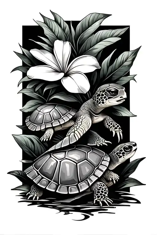 Mama Turtle And Baby Turtle With Plumeria Flowers