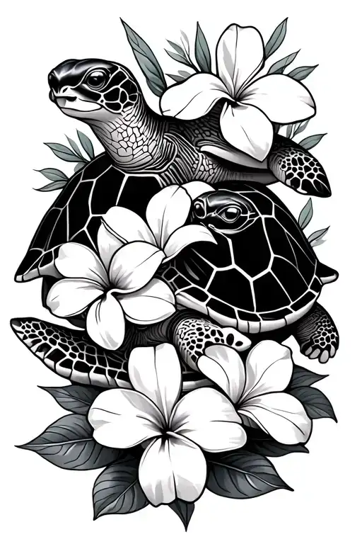 Mama Turtle And Baby Turtle With Plumeria Flowers