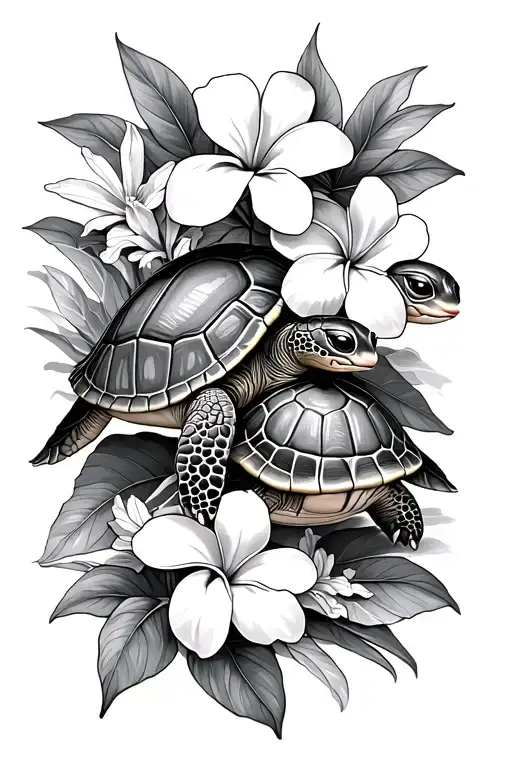 Mama Turtle And Baby Turtle With Plumeria Flowers