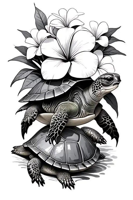 Mama Turtle And Baby Turtle With Plumeria Flowers
