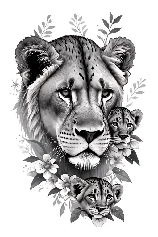 Lioness And 4 Cubs Face Only With Flowers Surrounding