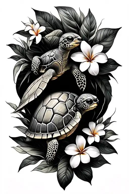 Mama Turtle And Baby Turtle With Plumeria Flowers