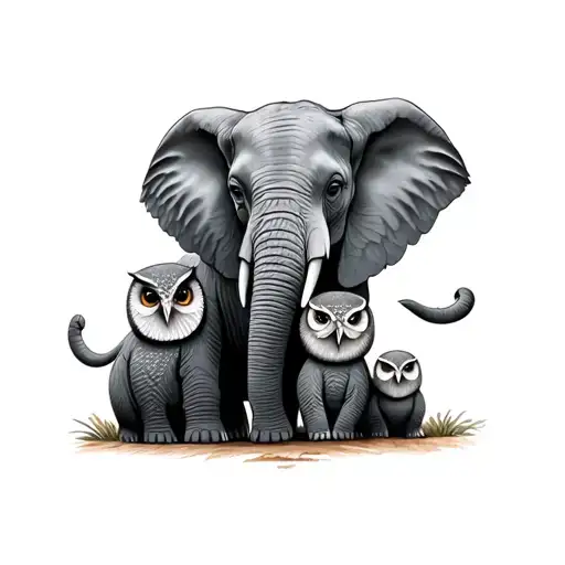 Elephant And Babies W Owl