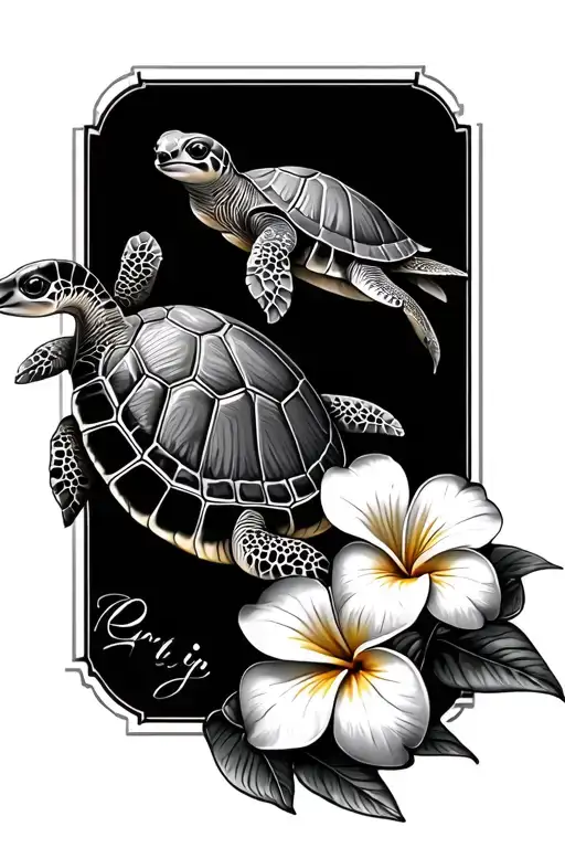 Mama Turtle And Baby Turtle With Plumeria Flowers