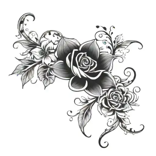 Black Smoke Lines Tracing Around Exotic Flower With Vines And Leaves Spiraling