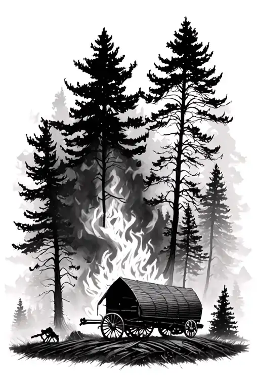Forest Fire With 22 Trees And A Covered Wagon