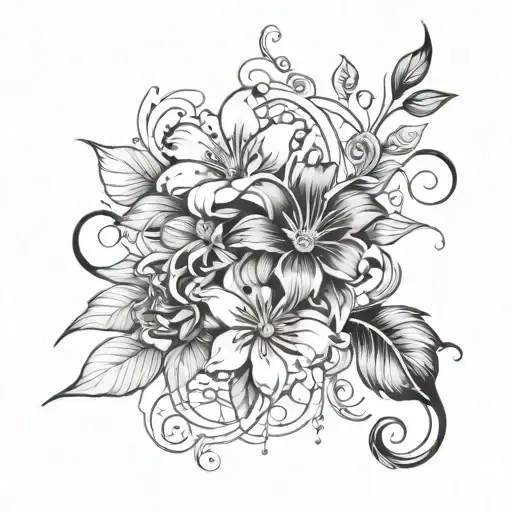 Black Smoke Lines Tracing Around Exotic Flower With Vines And Leaves Spiraling