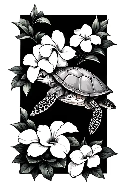 Mama Turtle And Baby Turtle With Plumeria Flowers