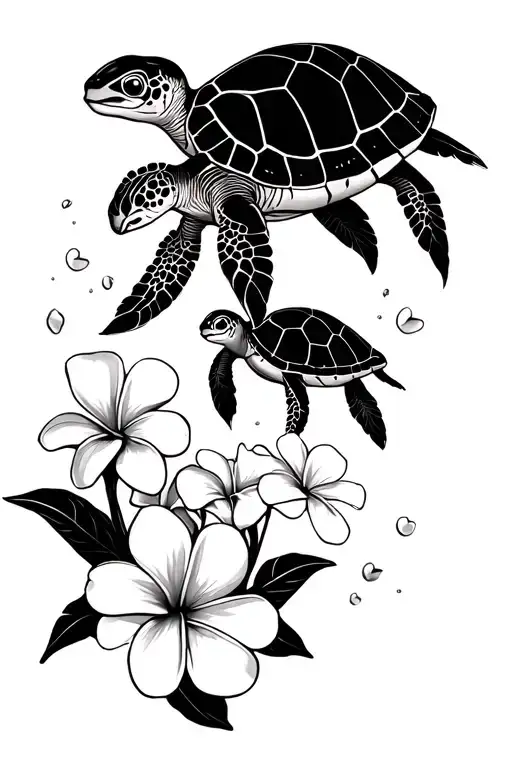 Mama Turtle And Baby Turtle With Plumeria Flowers