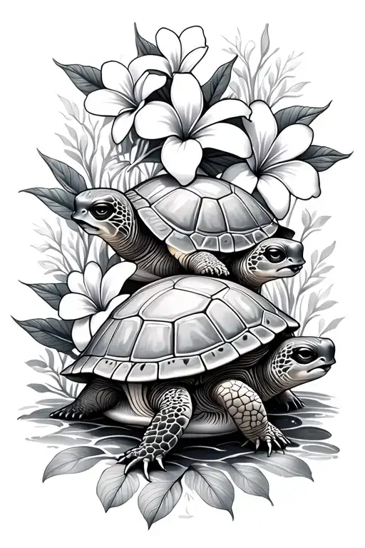 Mama Turtle And Baby Turtle With Plumeria Flowers