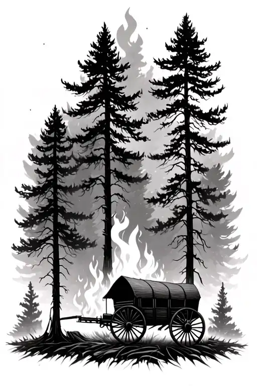 Forest Fire With 22 Trees And A Covered Wagon