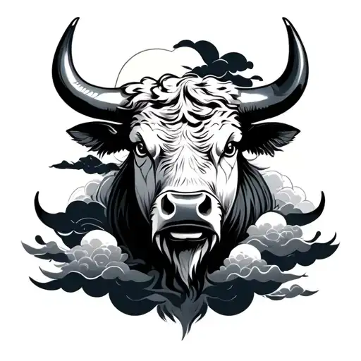 Japanese Traditional -Style Bull Face With Clouds