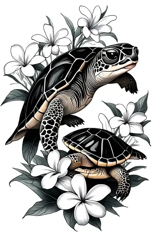 Mama Turtle And Baby Turtle With Plumeria Flowers
