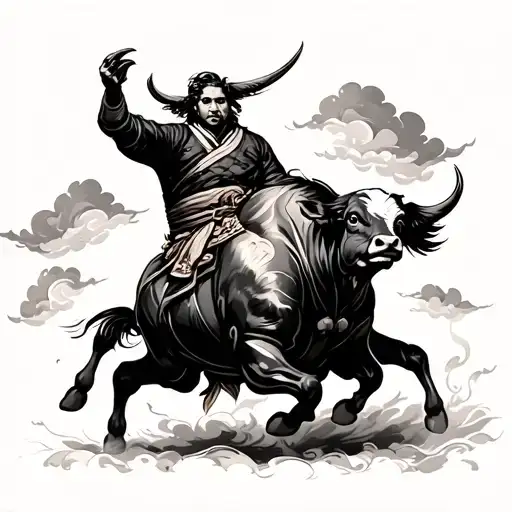 Bullfight In The Traditional Japanese Tattoo Style With Clouds