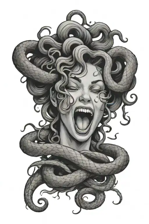 Crying Medusa Head With Snake Covering Her Open Screaming Mouth