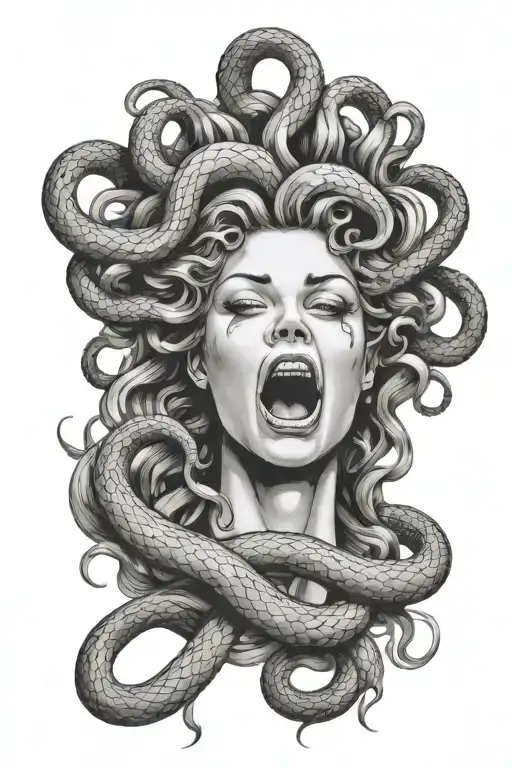 Crying Medusa Head With Snake Covering Her Open Screaming Mouth