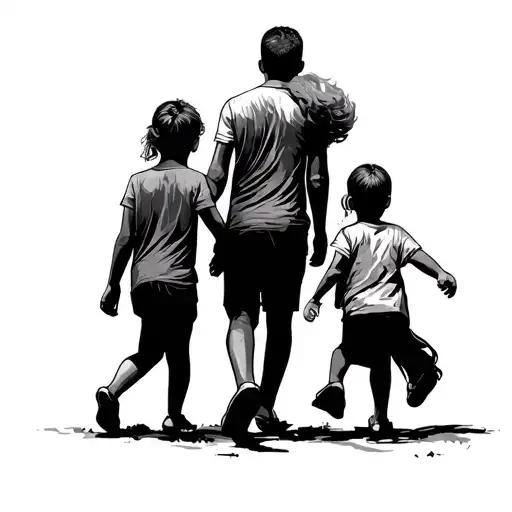 Father With Three Children Walking