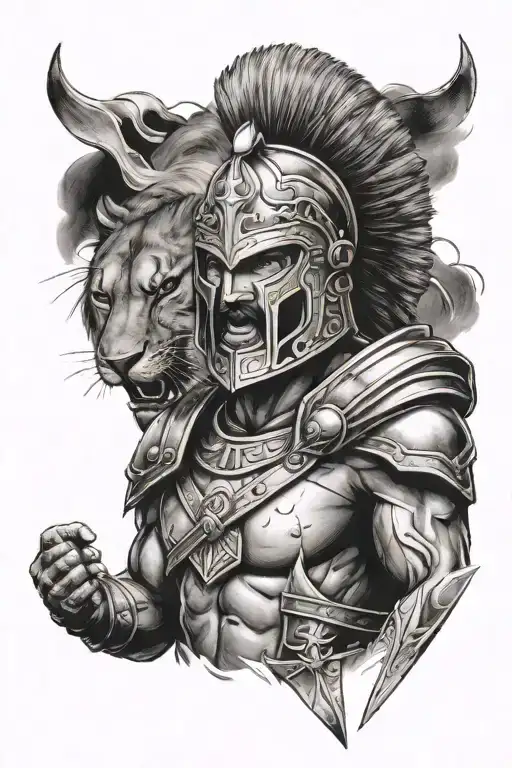 Spartan Warrior Holding A Lion By His Side