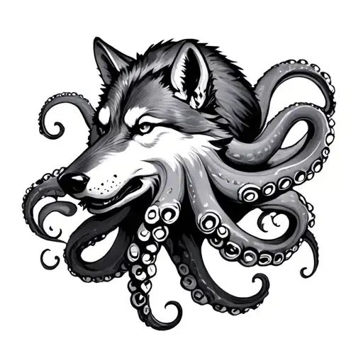 Wolf Worked With An Octopus In New School Tattoo Style
