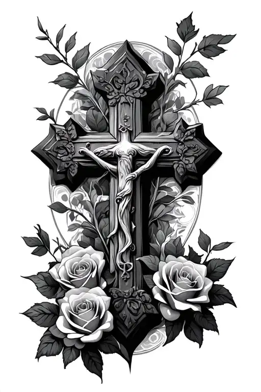 Stone Cross With Roses Around It