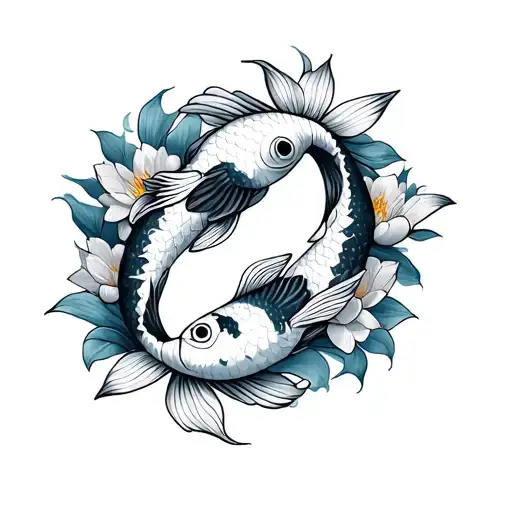 Two Koi Fishes Swimming In Circle With Lotus Flowers On The Side