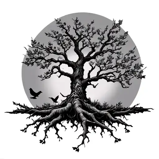 A Dry Tree With Roots And With Little Leaves And Birds