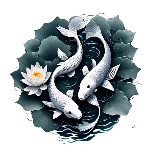 Two Koi Fishes Swimming With Lotus Flowers On The Side