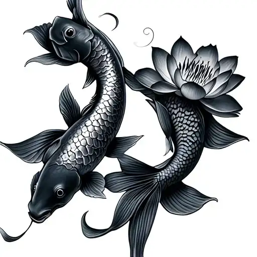 Two Koi Fishes Swimming With Lotus Flowers On The Side
