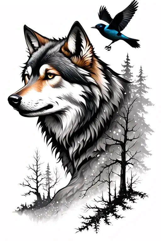 Wolf Tattoo With Birds And Trees