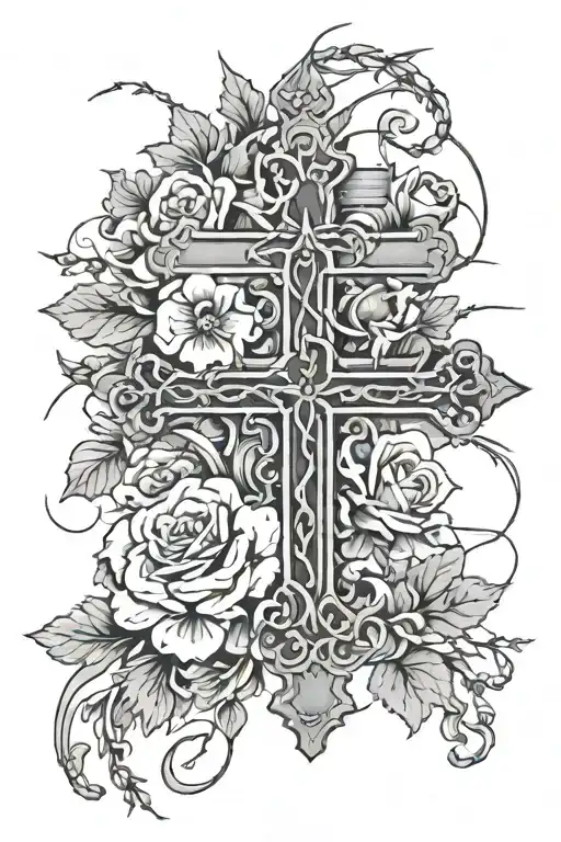 Cross With Flowers And Barbed Wire Surrounding It
