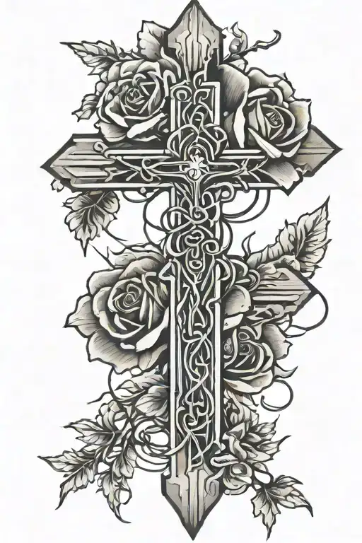 Simple Cross With Flowers And Barbed Wire Winding Around It